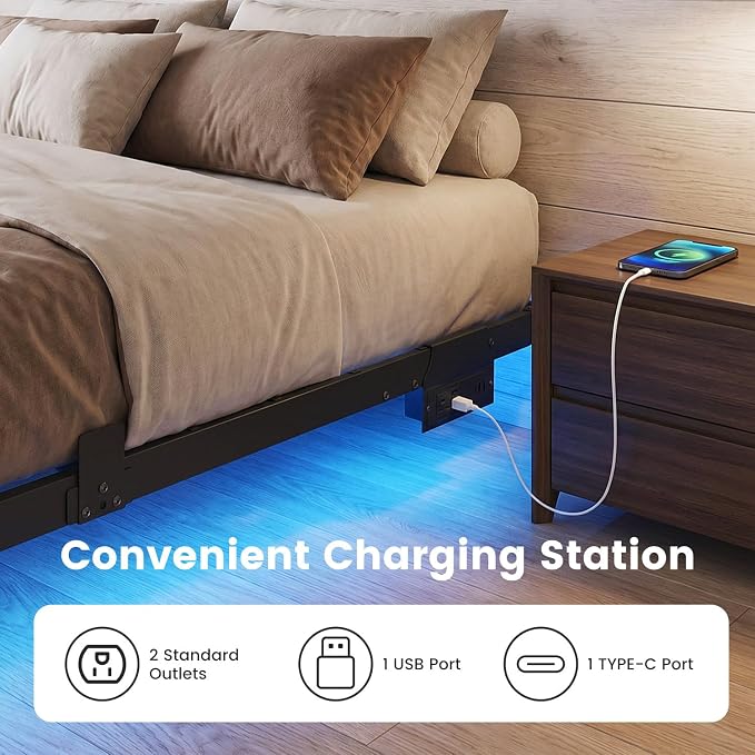 Liians Full Size Modern Floating Bed Frame with Smart LED Lights, USB Charging Station, Sturdy Metal Platform, No Box Spring Needed, and Easy Assembly