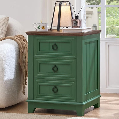 Joaxswe Farmhouse Night Stand, 18" End Table with 3 Drawer Metal Handle, Sofa Bed Side Table Chest of Drawers,Wood Nightstand Cabinet for Organizer, Living Room-Green