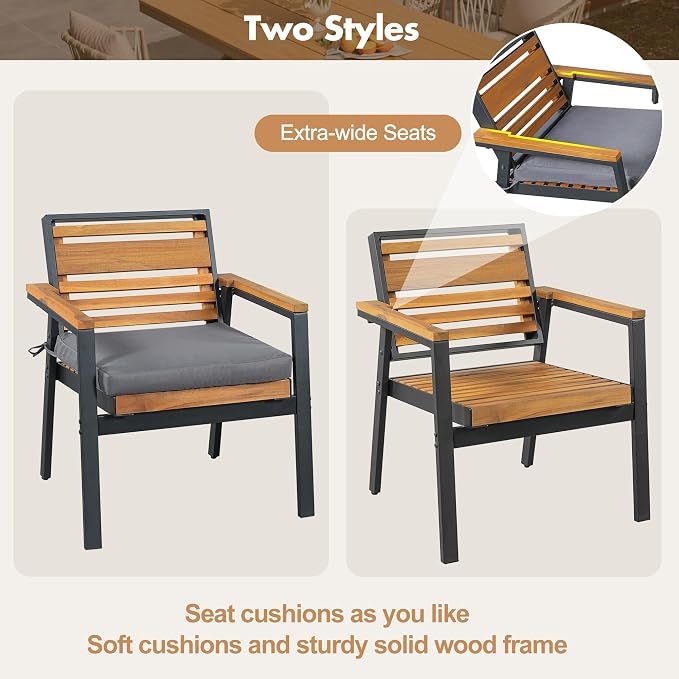 Quarte Stylish 7-Piece Acacia Wood and Iron Dining Set with Removable Cushions – Perfect for Indoor and Outdoor Family Gatherings (Gray/m+w)