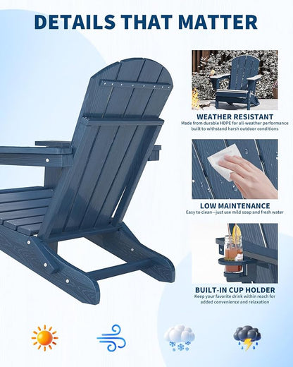 GarveeLife Folding Adirondack Chair Set of 6, All-Weather HDPE Outdoor Chair, Wooden Textured with Cup Holder for patios, Decks, Gardens, fire pits, Navy Blue