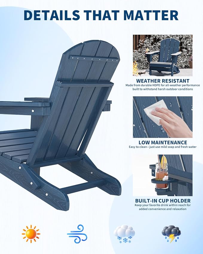 GarveeLife Folding Adirondack Chair Set of 4 with 2 Side Table, All-Weather HDPE Outdoor Chair, Wooden Textured with Cup Holder for patios, Decks, Gardens, fire pits, Navy Blue