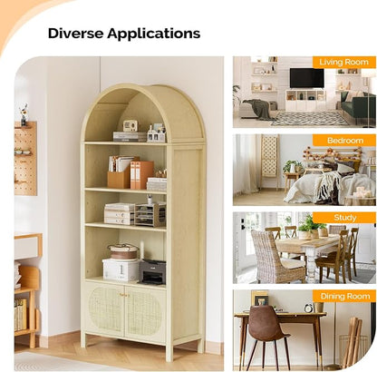 VINGLI 70" Arched Display Cabinet with 5 Shelves, Rattan Storage Cabinet 5 Tier Arched Bookshelf, Wood Tall Bookcases, Sturdy, Stylish for Living Room Bedroom Dining Room Office Study Room, Oak
