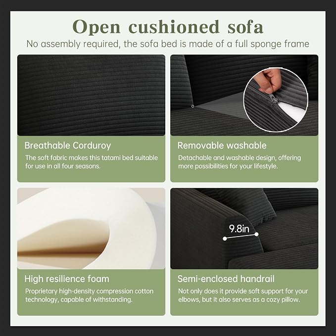 106" Modular Sectional Sofa with Reversible Chaise, Black Corduroy L-Shaped Cloud Couch for Living Room Apartment, 3-Piece Set, No Assembly Required, High-Density Supportive Foam