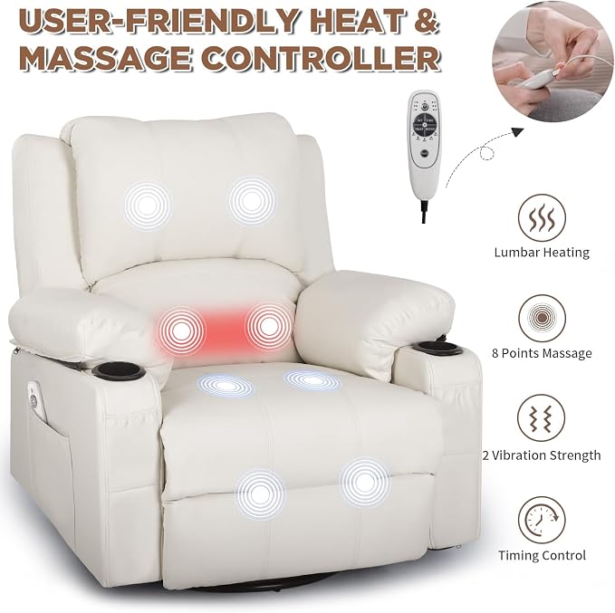 Leather Swivel Rocker Recliner Chair with Massage and Heat Overstuffed Manual Recliner Chairs with Cup Holders, Rocking Glider Chairs for Nursery White