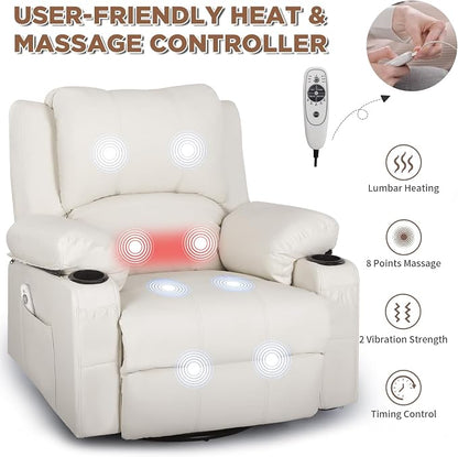Leather Swivel Rocker Recliner Chair with Massage and Heat Overstuffed Manual Recliner Chairs with Cup Holders, Rocking Glider Chairs for Nursery White