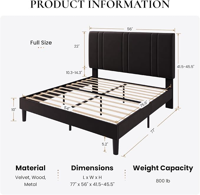 SHA CERLIN Full Size Platform Bed Frame, Velvet Upholstered Bed with Adjustable Headboard, Vertical Channel Tufted Design, Sturdy Wood Slat Support, No Box Spring Needed, Easy Assembly, Black