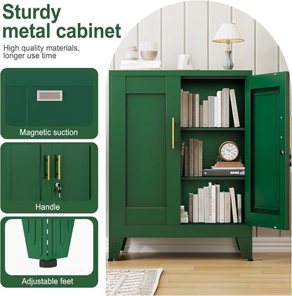 Green Metal Storage Cabinet, 36" Tall Locking Storage Cabinet with 2 Adjustable Shelves, Steel Locker Organizer, for Office, Home, School