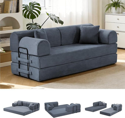 79'' Convertible Sofa Bed, 6 in 1 Folding Floor Futon Couch Sleeper with Fixed Frame, Corduroy Modular Sofa Bed with Removable Armrests & Pillows, No Assembly for Living Room Bedroom (Dark Gray)