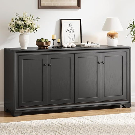ONBRILL 60" Buffet Cabinet with Storage, 4 Doors Sideboard Buffet Cabinet with Adjustable Shelves, Modern Coffee Bar Console Table for Living Room, Kitchen, Entryway, Black