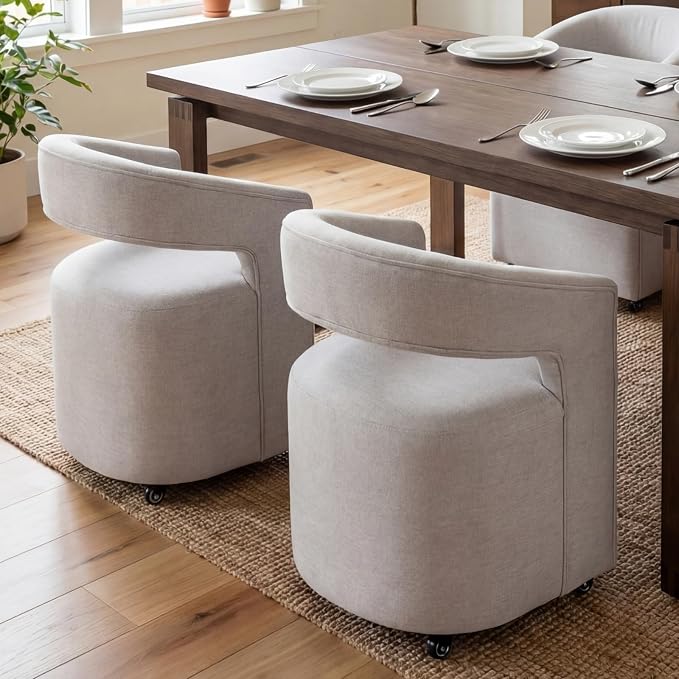 HNY 360° Swivel Upholstered Dining Chairs with Wheels Set of 6 – Soft Linen Fabric, Barrel Back Design, Rolling Kitchen Seating for Living Room, Makeup Vanity, Reception, Light Grey