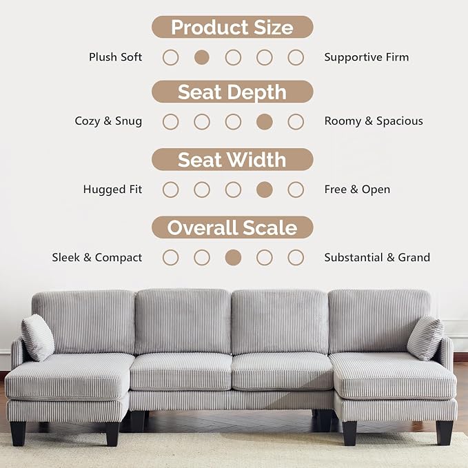 VINGLI 108" W U-Shaped Sectional Couches for Living Room, Sturdy Wooden Armrest Corduroy Cloud Couch with Double Chaise, High Support Modern 4-Seat Sectional Sofa for Apartment, Offices, Light Grey