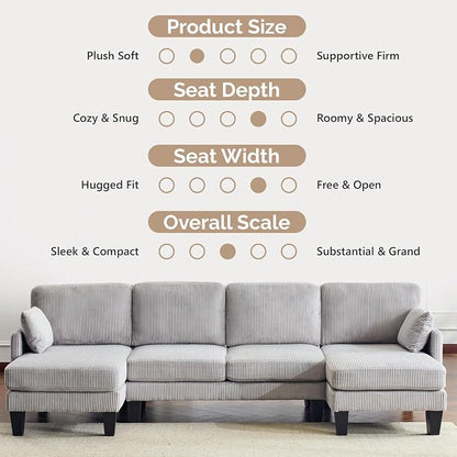 VINGLI 108" W U-Shaped Sectional Couches for Living Room, Sturdy Wooden Armrest Corduroy Cloud Couch with Double Chaise, High Support Modern 4-Seat Sectional Sofa for Apartment, Offices, Light Grey
