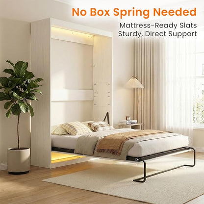 CECER Queen Vertical Murphy Wall Bed，Space Saving for Offices/Guest-White | Durable Gas-Lift for smooth folding，16 Color Controllable LED Lights，Sturdy frame ＆ Easy Assemble