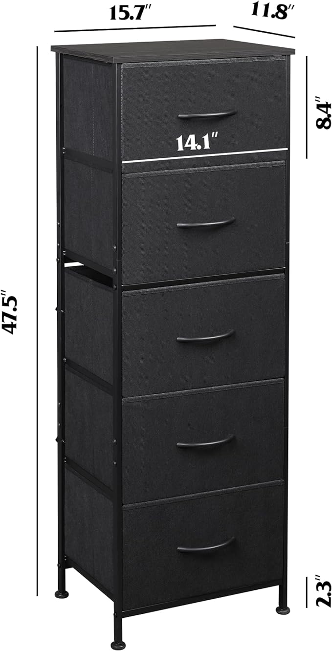 WLIVE Fabric Dresser, 5-Drawer Tall Dresser for Bedroom, Storage Organizer with Fabric Bins, Wood Top, Sturdy Steel Frame, Chest of Drawers for Closet, Hallway, Charcoal Black