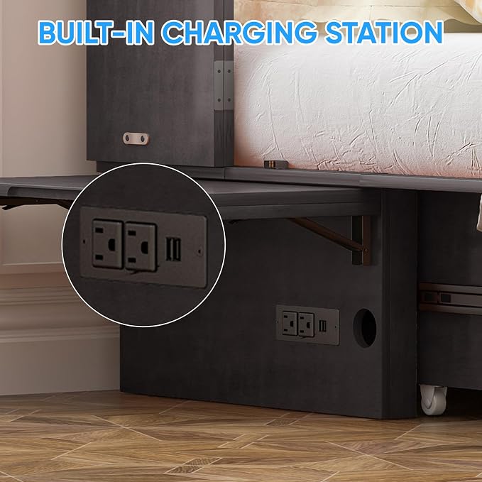 PUREMIND Murphy Bed Queen with Mattress Included, Hideaway Wallbed Cabinet Bed with 2 Storage Drawers, USB Charging Ports & Headboard, Space-Saving Chest Beds for Home, Guest Room, Gray