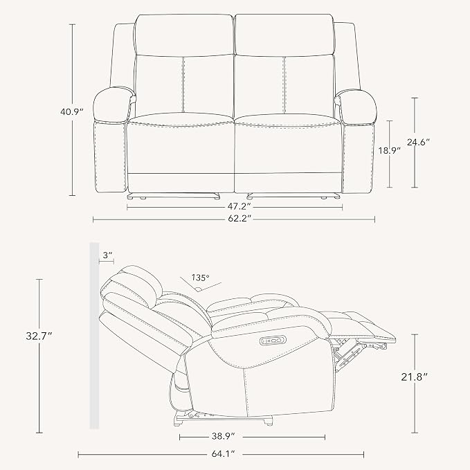 Watson & Whitely Genuine Leather Power Loveseat Recliner Sofa, 2 Seat Wall Hugger Reclining Sofa with Power Headrest & Charging Ports, Dual Recliner Sofas for Living Room, RV, Cream