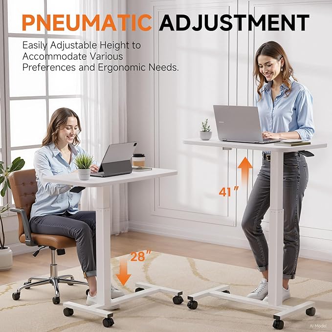 GTPLAYER Small Standing Desk with Lockable Wheels, Pneumatic Mobile Rolling Laptop Desk,Adjustable Height Overbed Bedside Table Computer Workstation for Home Office (28" W x 16" D, White)