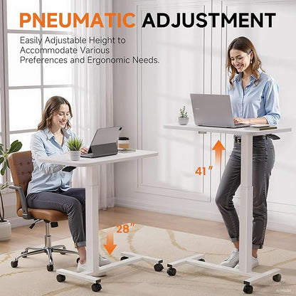 GTPLAYER Small Standing Desk with Lockable Wheels, Pneumatic Mobile Rolling Laptop Desk,Adjustable Height Overbed Bedside Table Computer Workstation for Home Office (28" W x 16" D, White)