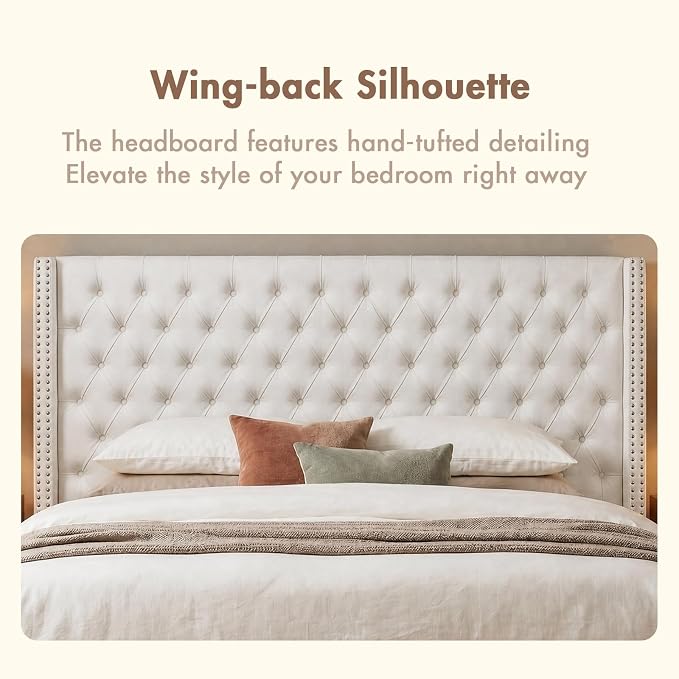 Madison Park King Wingback Upholstered Tufted Headboard, Featuring High-Density Sponge Padding, Adjustable Height Headboard, Easy Assembly, Beige Velvet