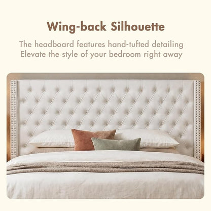 Madison Park King Wingback Upholstered Tufted Headboard, Featuring High-Density Sponge Padding, Adjustable Height Headboard, Easy Assembly, Beige Velvet