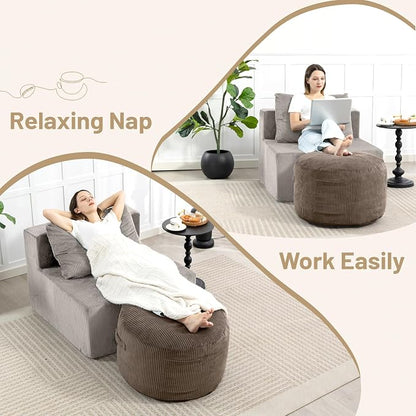 Round Stuffed Pouf Ottoman,Corduroy Foot Rest with Rebound Foam Filled, Furry and Fluffy Foot Stool Ottoman, Floor Poufs for Living Room (Brown, 26" D x 26" W x 18" H)