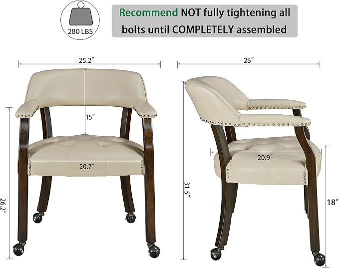 LEEMTORIG Large Dining Chairs with Casters and Arms, Rolling Dining Chairs with Wheels, Solid Wood Office Desk Chairs, 26“Dx25.2 Wx31.5“H, Espresso Legs & Beige PU, XXY-1910-BG