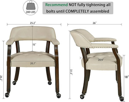 LEEMTORIG Large Dining Chairs with Casters and Arms, Rolling Dining Chairs with Wheels, Solid Wood Office Desk Chairs, 26“Dx25.2 Wx31.5“H, Espresso Legs & Beige PU, XXY-1910-BG