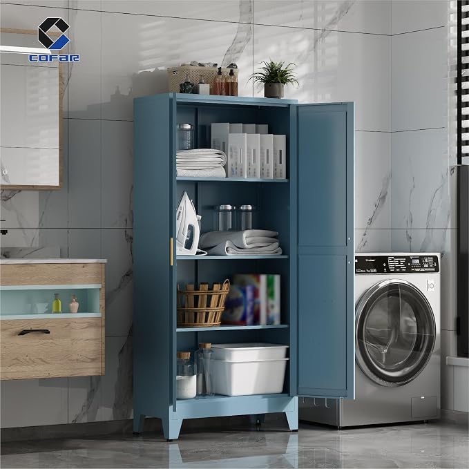 COFaR Metal Pantry Cabinet with Doors, Farmhouse 61'' Tall Storage Cabinet with 3 Adjustable Shelves, Kitchen Pantry Cabinet for Dinning Room, Laundry, Peacock Blue 4-Tier