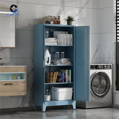 COFaR Metal Pantry Cabinet with Doors, Farmhouse 61'' Tall Storage Cabinet with 3 Adjustable Shelves, Kitchen Pantry Cabinet for Dinning Room, Laundry, Peacock Blue 4-Tier