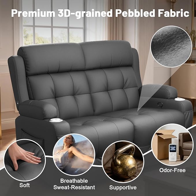 Reclining Loveseat, Wall-Hugger Loveseat Recliner Design with USB/Type C Charging & Storage & Cupholder, Pebble-Weave Fabric Recliner Sofa Couch for Living Room, Home Theater & RV Use