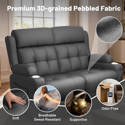 Reclining Loveseat, Wall-Hugger Loveseat Recliner Design with USB/Type C Charging & Storage & Cupholder, Pebble-Weave Fabric Recliner Sofa Couch for Living Room, Home Theater & RV Use