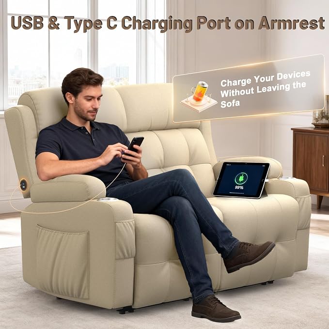 Reclining Loveseat, Wall-Hugger Loveseat Recliner Design with USB/Type C Charging & Storage & Cupholder, Pebble-Weave Fabric Recliner Sofa Couch for Living Room, Home Theater & RV Use