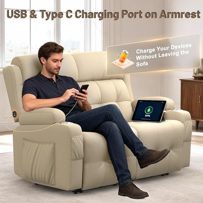 Reclining Loveseat, Wall-Hugger Loveseat Recliner Design with USB/Type C Charging & Storage & Cupholder, Pebble-Weave Fabric Recliner Sofa Couch for Living Room, Home Theater & RV Use