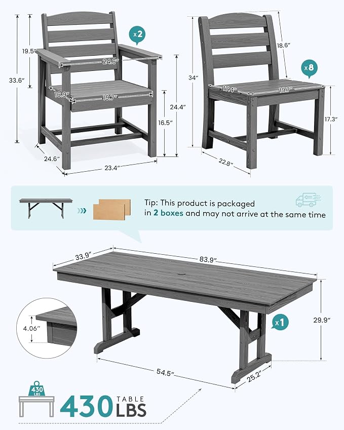 SERWALL 10 Piece 84" HDPE Outdoor Dining Set for 8 with 6 Armless Chair, 2 Armchairs and Umbrella, Gray