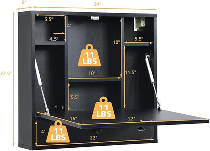 COSTWAY Wall-Mounted Computer Desk, Floating Desk with Storage Drawer & Shelves, Fold-up Desktop & Pneumatic Springs, Ideal for Home, Office, Dormitory, Small Spaces (Black)