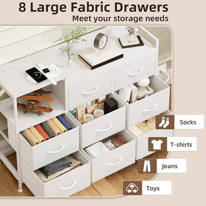 Somdot White Dresser for Bedroom with 8 Drawers,Wide Fabric Night Stand for Storage and Organization with Fabric Bins,Chest of Drawers for Bedroom Chest of Drawers for Living Room Entryway
