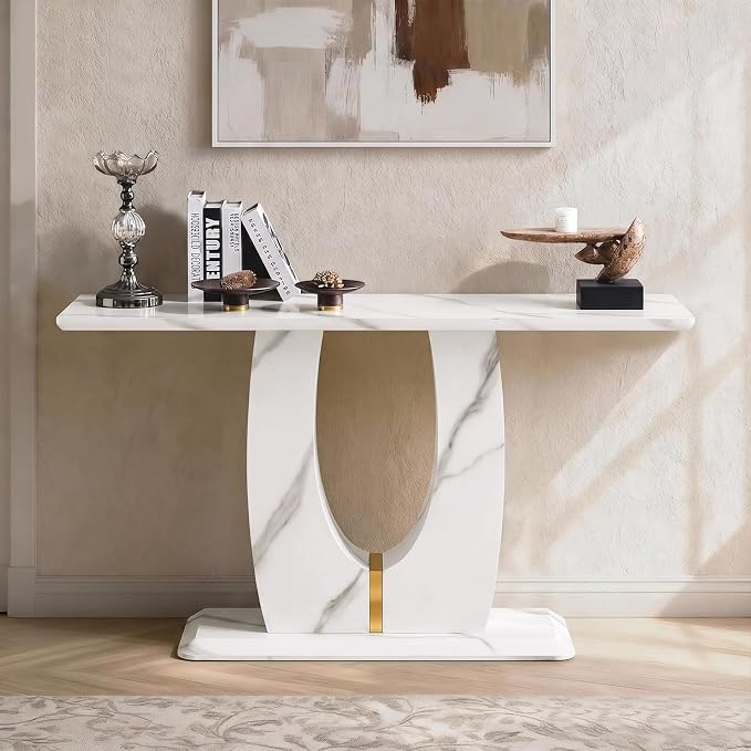LKTART 55" MDF Console Table for Entryway, Narrow Entryway Table with Faux Marble Pattern, Couch Tables Behind Sofa with U-Shaped Base for Living Room Hallway Foyer, White