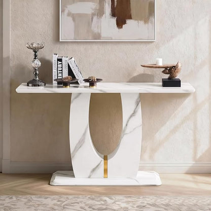 LKTART 55" MDF Console Table for Entryway, Narrow Entryway Table with Faux Marble Pattern, Couch Tables Behind Sofa with U-Shaped Base for Living Room Hallway Foyer, White