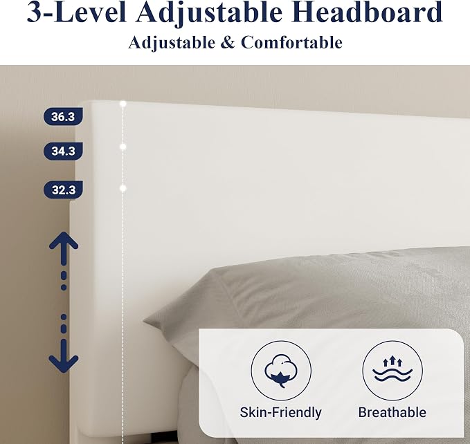 Allewie Queen Size Bed Frame with Adjustable Headboard, Faux Leather Platform Bed with Wood Slats, Heavy Duty Mattress Foundation, No Box Spring Needed, Noise-Free, Easy Assembly, White