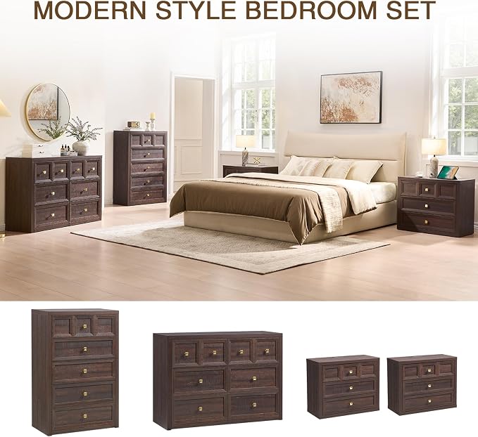 3 Piece Bedroom Set - Includes 6 Drawer Dresser and 3 Drawer King Size Nightstands Set of 2 with Charging Station, 3 Piece Farmhouse Dresser and Nightstand Sets,Brown