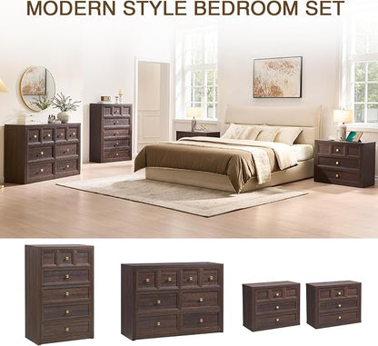 3 Piece Bedroom Set - Includes 6 Drawer Dresser and 3 Drawer King Size Nightstands Set of 2 with Charging Station, 3 Piece Farmhouse Dresser and Nightstand Sets,Brown