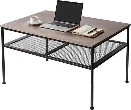 SENIG 2-Tier Coffee Table 35.4" with Iron-Mesh Storage Shelf, Grey Oak | Industrial Wood and Metal Center Table for Home Office Kitchen 35.4" L x 23.6" W