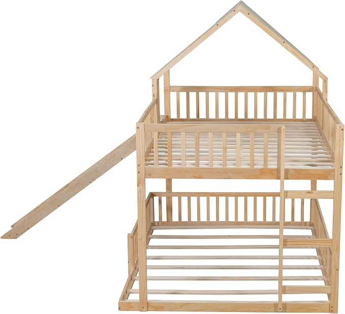 SOFTSEA House Bunk Bed with Slide, Full XL Over Queen Wood Floor Bunk Bed Frame with Roof, Guardrails and Ladder, Space-Saving, Natural
