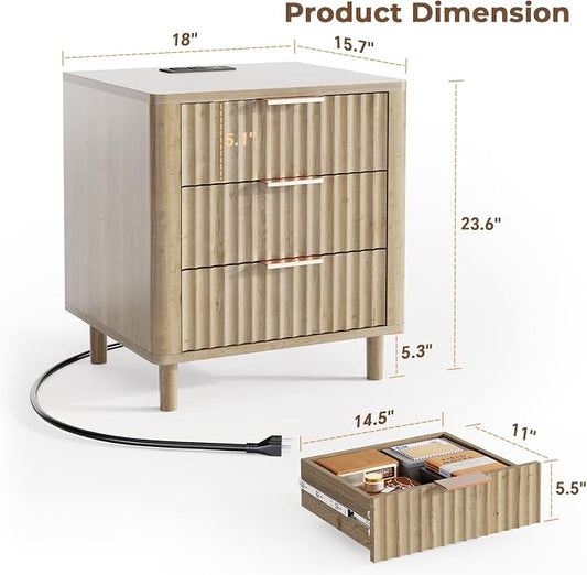 Fluted Nightstand Set of 2, Multifunctional 3 Drawers Storage Bedside Table with Charging Station, Wood Modern Nightstand, Curved Profile Design, End Table for Indoor Room Bedroom, Oak