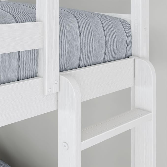 Grain & Grove Bear Twin Over Full Bunk Bed, Sturdy Bunk Bed Frame for Kids, Plywood Bunk with Ladder, Guardrail, and Slats, No Box Spring Required, Brushed White