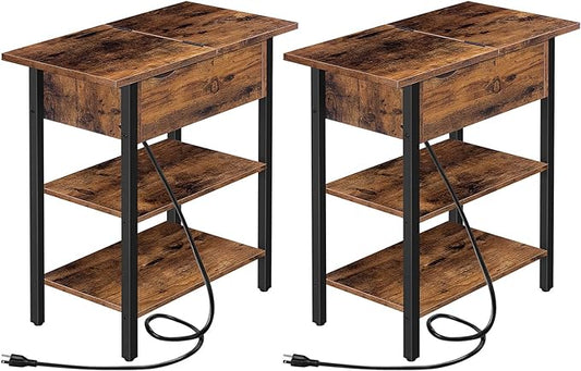 HOOBRO Set of 2 End Tables, Side Table with Charging Station, Flip Top Nightstand with USB Ports and Outlets, Bedside Tables with Shelf for Small Spaces, Living Room, Bedroom, Rustic Brown BF341BZP201
