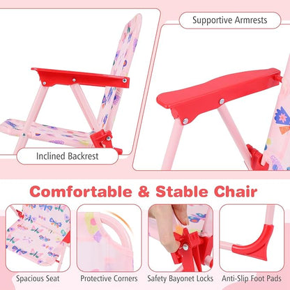Costzon Kids Picnic Table, Kids Outdoor Table with 2 Folding Chairs, Height Adjustable Umbrella, Portable Children Outdoor Furniture for Patio, Garden, Backyard (Pink Butterfly)