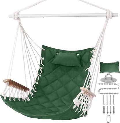Hammock Chair Hanging Swing with Wooden Armrest,Steel Spreader Bar,Pillows,Hardware kit Included;Cotton Woven;Up to 350 Lbs,for Indoor Outdoor Green