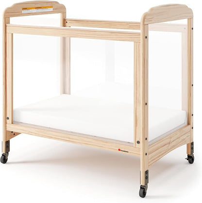 Foundations Serenity Compact 4 Side Clearview Daycare Crib Natural, Fixed Side, Durable Wood Construction, Non-Marking Casters (2 Locking), Includes 3” InfaPure Foam Mattress
