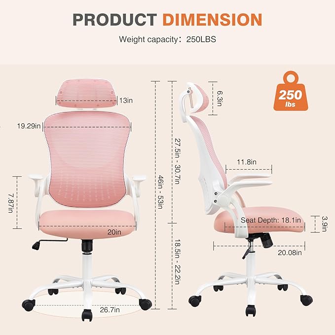 Sweetcrispy Office Computer Desk Chair, Ergonomic High-Back Mesh Rolling Work Chairs with Wheels and Adjustable Headrests, Comfortable Lumbar Support, Comfy Flip-up Arms for Home, Bedroom, Study, Pink
